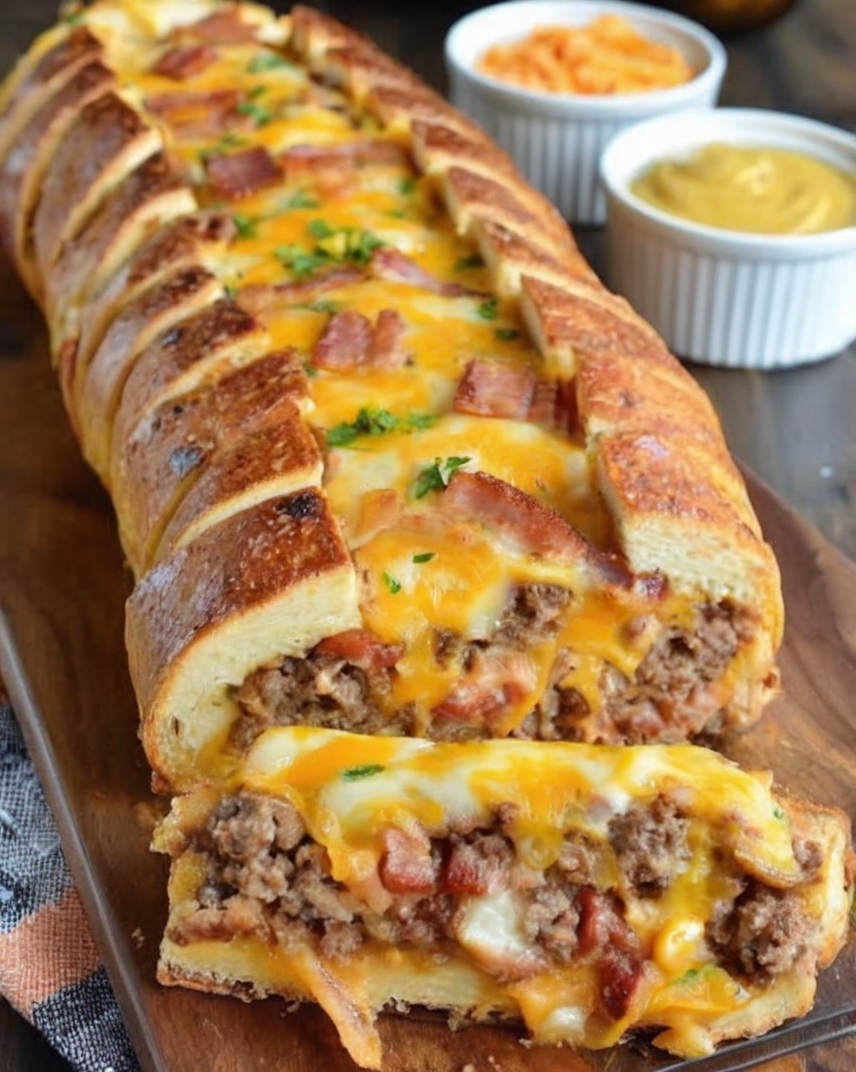 A savory, loaded baked loaf stuffed with seasoned beef, bacon, pickles, cheese, and classic condiments—perfect for parties, potlucks, and comfort-food cravings.
