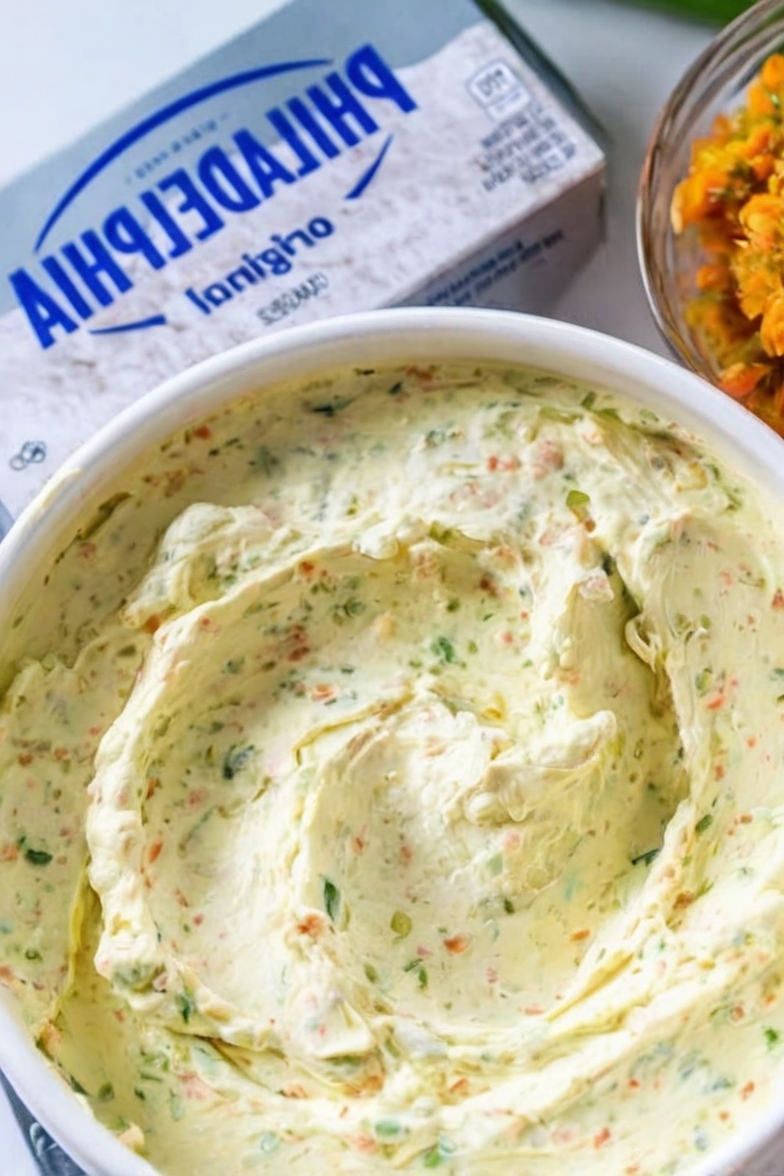 A fresh, creamy vegetable spread made with cream cheese, crisp garden vegetables, and herbs — perfect for bagels, crackers, and brunch boards.