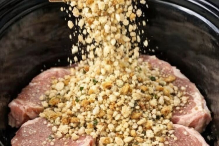 Tender pork chops slow-cooked in a creamy mushroom sauce and topped with a savory stuffing crust—an easy, comforting one-pot dinner.