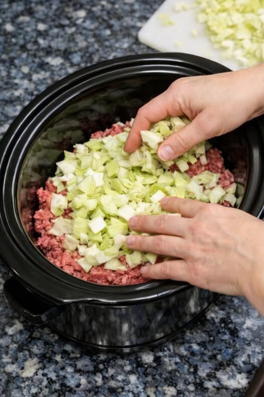 All the soul-warming comfort of stuffed cabbage rolls without any of the fussy rolling. Raw ground beef, chopped cabbage, onions, and crushed tomatoes layer in a slow cooker and transform into tender, savory perfection over hours of gentle heat. Serve over egg noodles or mashed potatoes for the ultimate comfort meal.