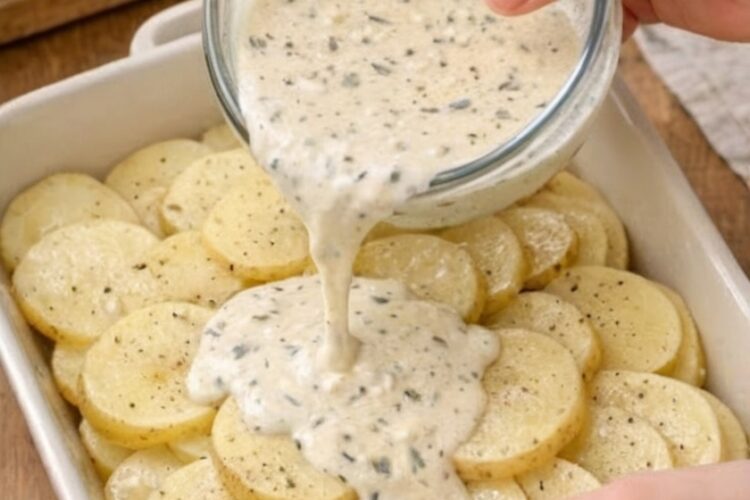 Golden-topped, silky-centered potato bake with thinly sliced Yukon Golds layered in a rich garlic cream sauce and blanketed in freshly grated Parmesan. Crispy on top, velvety inside, and deeply comforting. The side dish that always steals the show.