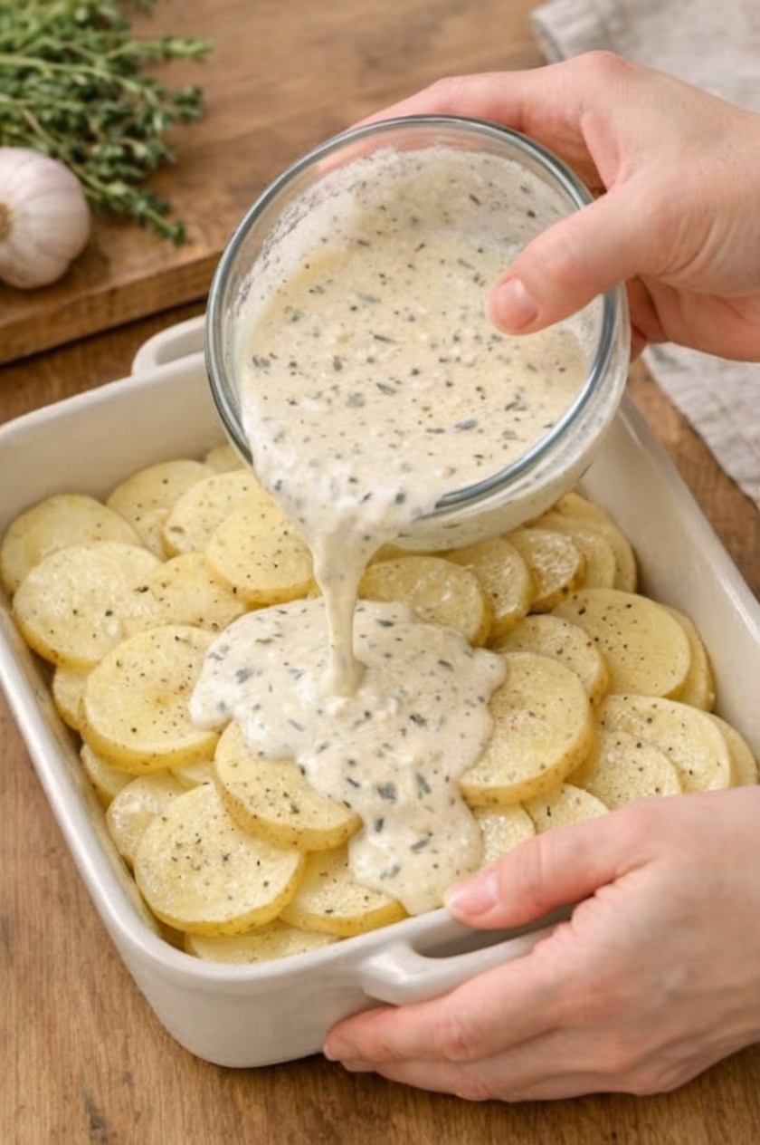 Golden-topped, silky-centered potato bake with thinly sliced Yukon Golds layered in a rich garlic cream sauce and blanketed in freshly grated Parmesan. Crispy on top, velvety inside, and deeply comforting. The side dish that always steals the show.