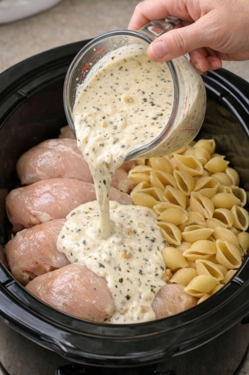 The ultimate dump-and-go dinner: raw chicken breasts and dry pasta shells slow-cooked in a rich, garlicky Parmesan cream sauce. One mixture, one slow cooker, and a few hours later you have silky, tender, deeply flavorful pasta that tastes like it took all day.