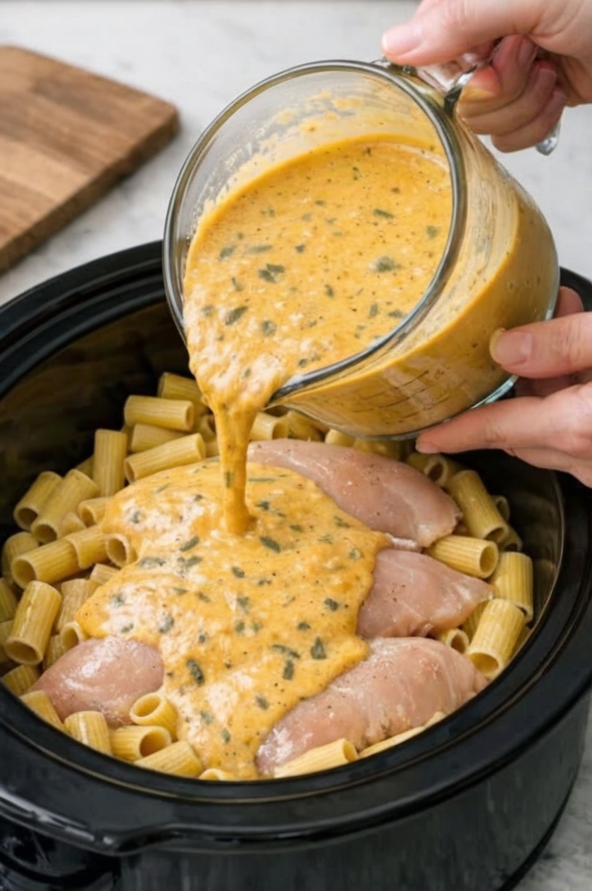 Fall comfort in a single pot: raw chicken and dry pasta slow-cook in a silky butternut squash sauce infused with sage and Parmesan. No pre-cooking, no boiling water, no babysitting—just layer, pour, and walk away. The squash creates natural creaminess without heavy roux, and the slow cooker ensures perfectly tender pasta every time.