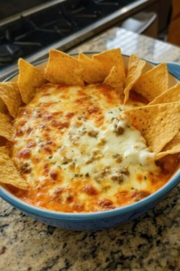 The legendary party dip that causes actual crowds to form: creamy refried beans mixed with cream cheese and sour cream, topped with seasoned ground beef and melted cheese, baked until bubbling and golden. Feeds 8-10 people and disappears every single time. Perfect for game day, potlucks, or any time you need to be the hero.