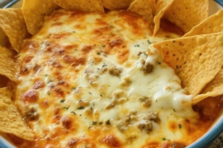 The legendary party dip that causes actual crowds to form: creamy refried beans mixed with cream cheese and sour cream, topped with seasoned ground beef and melted cheese, baked until bubbling and golden. Feeds 8-10 people and disappears every single time. Perfect for game day, potlucks, or any time you need to be the hero.