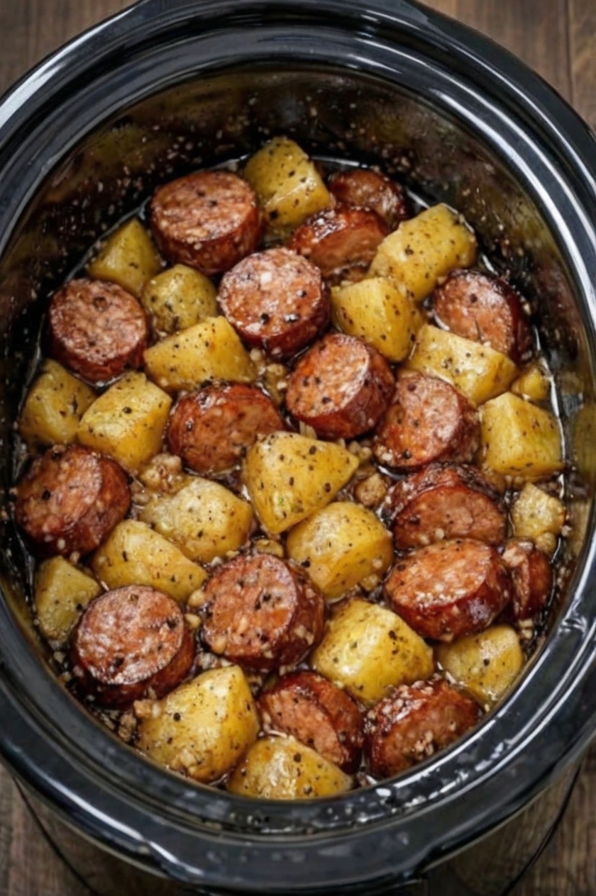 The ultimate hands-off dinner: smoky sausage, golden potatoes, and sweet bell peppers layered in a slow cooker and braised in their own juices until fork-tender. No browning, no stirring, just strategic layering and patience. Ready in 4 hours with zero babysitting for a complete one-pot meal.