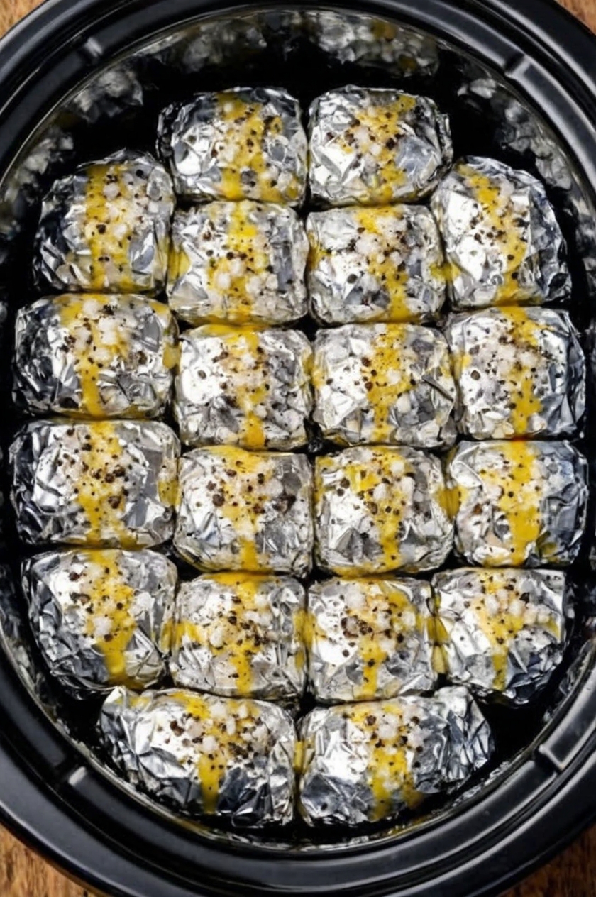 Individually foil-wrapped russet potatoes steamed to fork-tender perfection in the slow cooker, then stuffed with molten sharp cheddar and crispy bacon. Each potato gets infused with butter and seasonings during the long, gentle cook, then finished with a gooey cheese-and-bacon center. The ultimate hands-off side dish with dramatic tableside appeal.