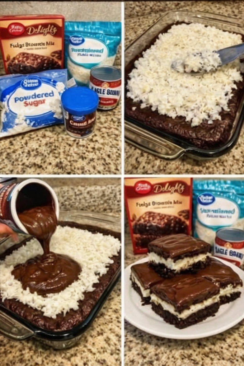 Rich, fudgy brownies topped with a thick layer of sweet coconut that bakes up golden and toasted, creating a dessert that tastes exactly like a Mounds candy bar. Easy to make with a brownie mix base and just three ingredients for the topping.