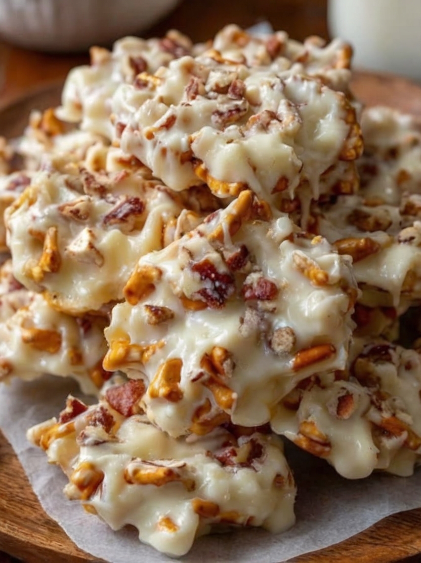 A Depression-era classic turned modern favorite: crunchy pretzels, toasted peanuts, and crispy rice cereal bound in glossy white chocolate. No oven required, endlessly giftable, and ready in just 10 minutes of hands-on time. These jagged, salty-sweet candies taste like childhood county fairs and Christmas tins from grandma.
