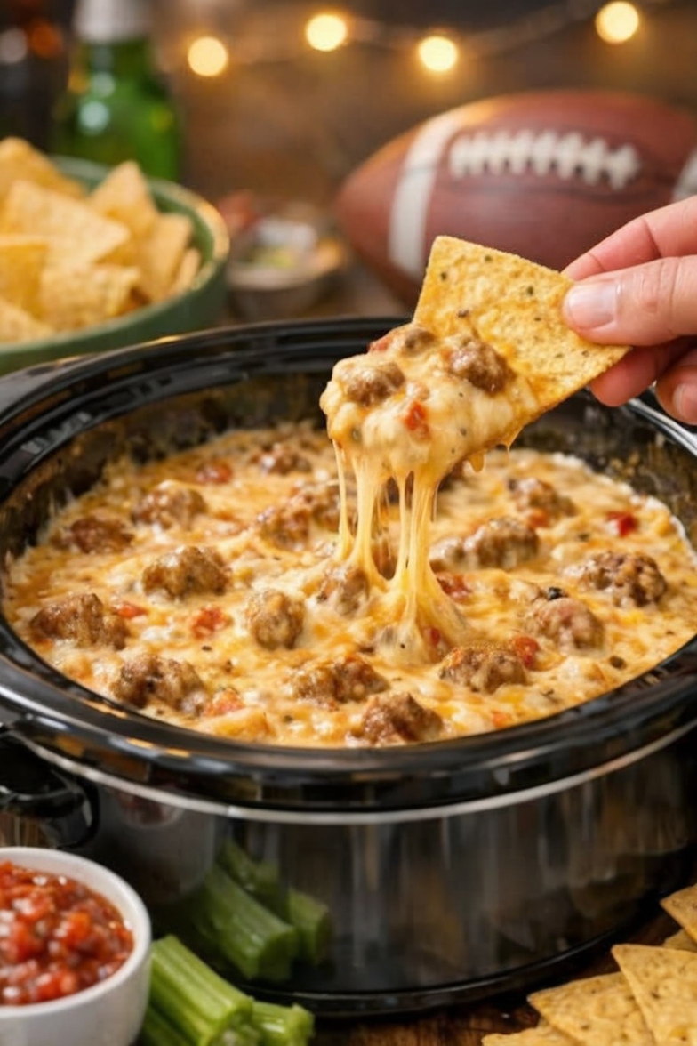 The ultimate party dip that causes actual crowds to form: browned sausage, cream cheese, Rotel, and shredded cheese melt together into molten, savory, perfectly spiced perfection. Dump it in the slow cooker and walk away—it stays warm and dippable for hours.