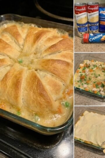 Ultimate weeknight shortcut: condensed cream of chicken and mushroom soup mixed with milk, cooked chicken, and frozen vegetables, poured into a baking dish and topped with crescent roll triangles. Baked until the filling bubbles and the topping is golden. All the comfort of pot pie without making crust or sauce from scratch. Ready in 40 minutes.