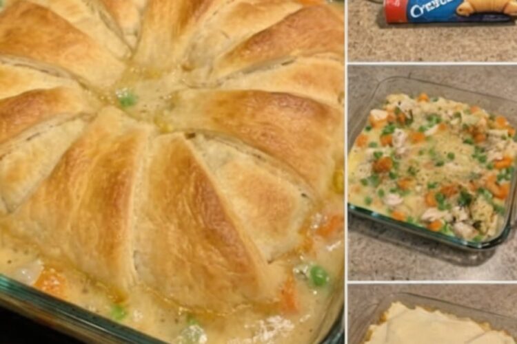 Ultimate weeknight shortcut: condensed cream of chicken and mushroom soup mixed with milk, cooked chicken, and frozen vegetables, poured into a baking dish and topped with crescent roll triangles. Baked until the filling bubbles and the topping is golden. All the comfort of pot pie without making crust or sauce from scratch. Ready in 40 minutes.