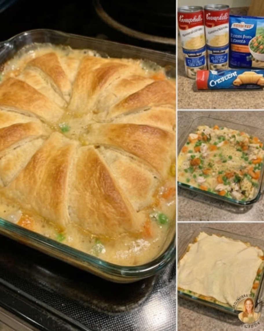 Ultimate weeknight shortcut: condensed cream of chicken and mushroom soup mixed with milk, cooked chicken, and frozen vegetables, poured into a baking dish and topped with crescent roll triangles. Baked until the filling bubbles and the topping is golden. All the comfort of pot pie without making crust or sauce from scratch. Ready in 40 minutes.