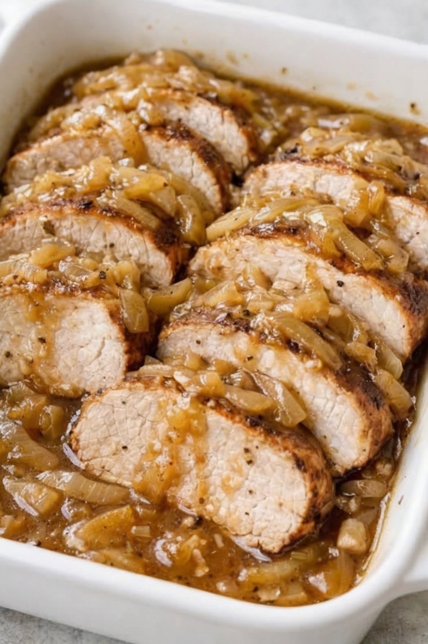 Fork-tender boneless pork loin roasted low and slow beneath a blanket of cream of mushroom soup and onion soup mix. No searing, no browning, no multiple steps—just season, cover tightly, and bake until the meat is so tender you can slice it with a spoon. Rich, savory gravy develops automatically.