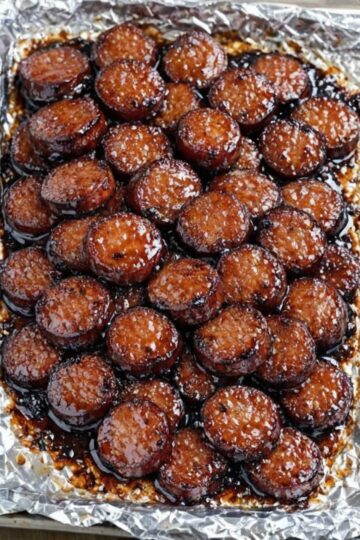 The ultimate party appetizer: smoky kielbasa coins slow-cooked in a sticky-sweet glaze of brown sugar, ketchup, and mustard, then finished under the broiler for caramelized perfection. Just 4 ingredients create the dish that disappears first at every gathering. Perfect finger food with toothpicks.