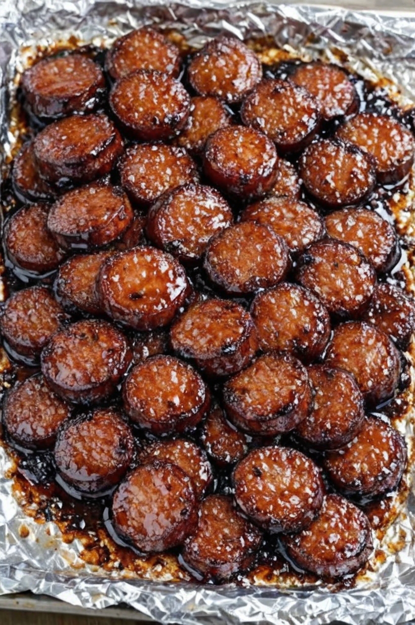 The ultimate party appetizer: smoky kielbasa coins slow-cooked in a sticky-sweet glaze of brown sugar, ketchup, and mustard, then finished under the broiler for caramelized perfection. Just 4 ingredients create the dish that disappears first at every gathering. Perfect finger food with toothpicks.