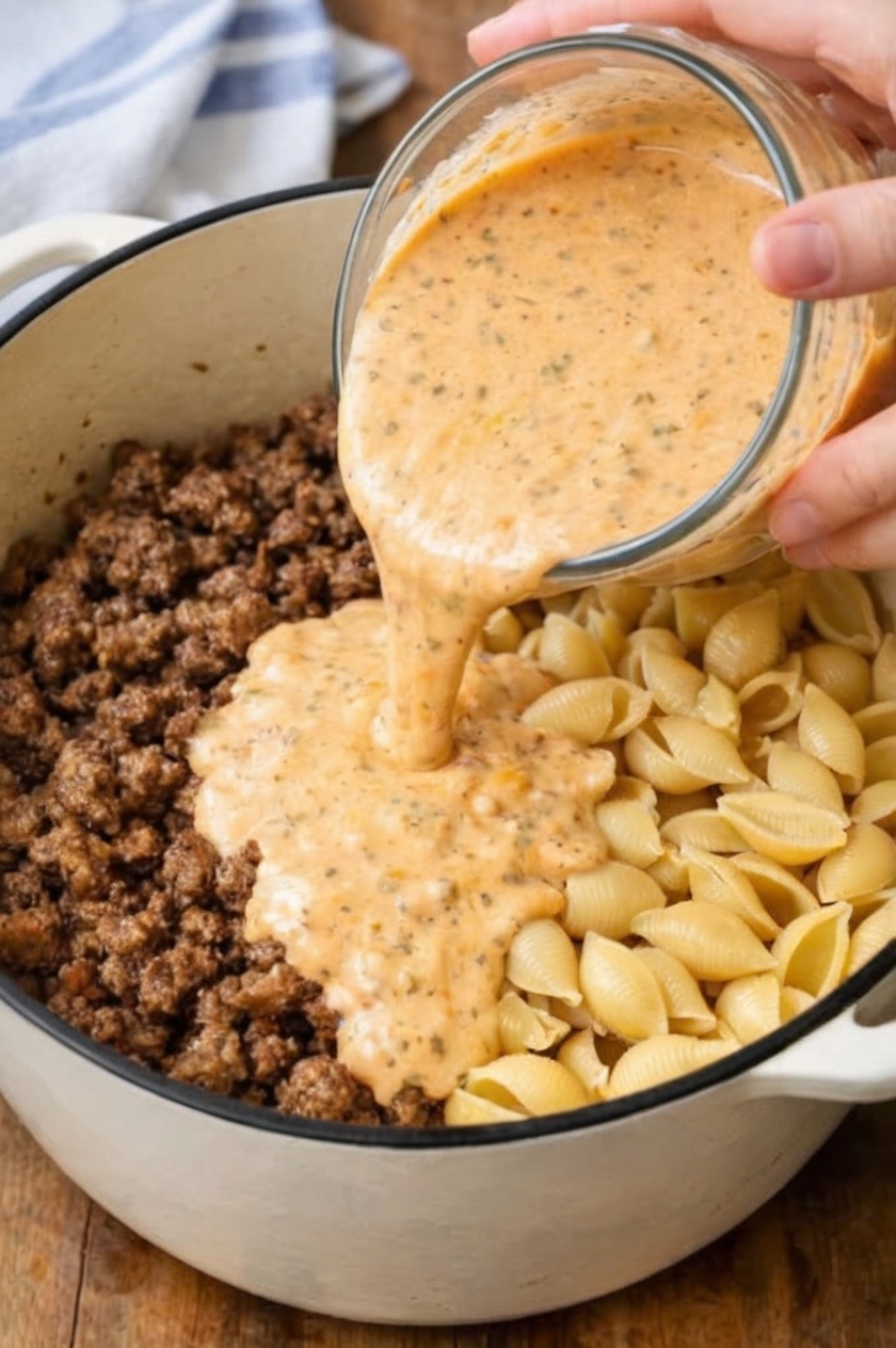 The ultimate one-pot comfort dinner: ground beef browned with onions and garlic, then uncooked pasta shells and a creamy tomato sauce poured right on top. Everything simmers together until the pasta is tender and coated in velvety, cheesy sauce. Ready in 35 minutes with minimal cleanup.