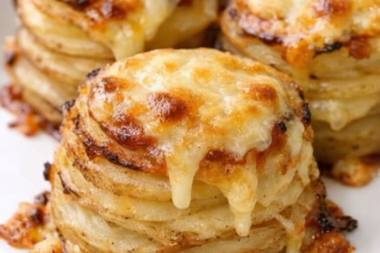 Individual potato towers with crispy, golden edges and tender, cheese-laced centers. Thin potato slices layered in a muffin tin with melted butter, salt, and sharp cheddar, then baked until the cheese creates gorgeous lacy edges. Just 4 ingredients create restaurant-quality side dishes perfect for holidays or weeknight dinners.