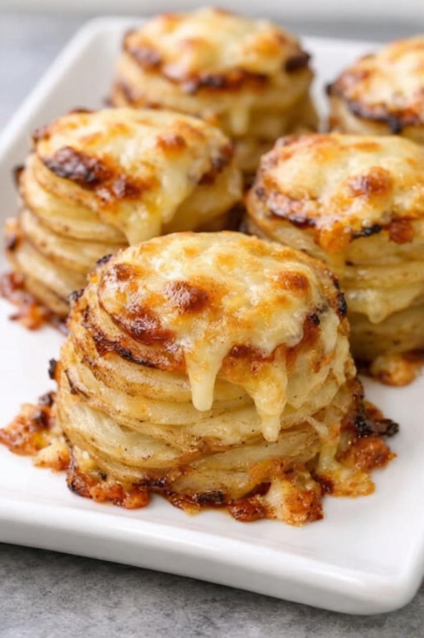 Individual potato towers with crispy, golden edges and tender, cheese-laced centers. Thin potato slices layered in a muffin tin with melted butter, salt, and sharp cheddar, then baked until the cheese creates gorgeous lacy edges. Just 4 ingredients create restaurant-quality side dishes perfect for holidays or weeknight dinners.