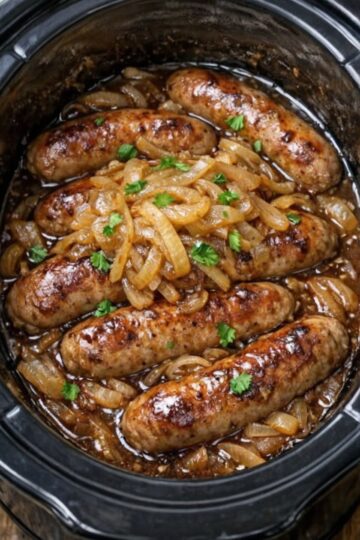 Irish-style comfort food: plump pork sausages slow-cooked over caramelized onions in rich beef stock and Worcestershire sauce. The onions melt into sweet, jammy silk and naturally thicken the gravy without flour. Set it in the morning, come home to incredible aromas. Perfect over mashed potatoes or with crusty bread.