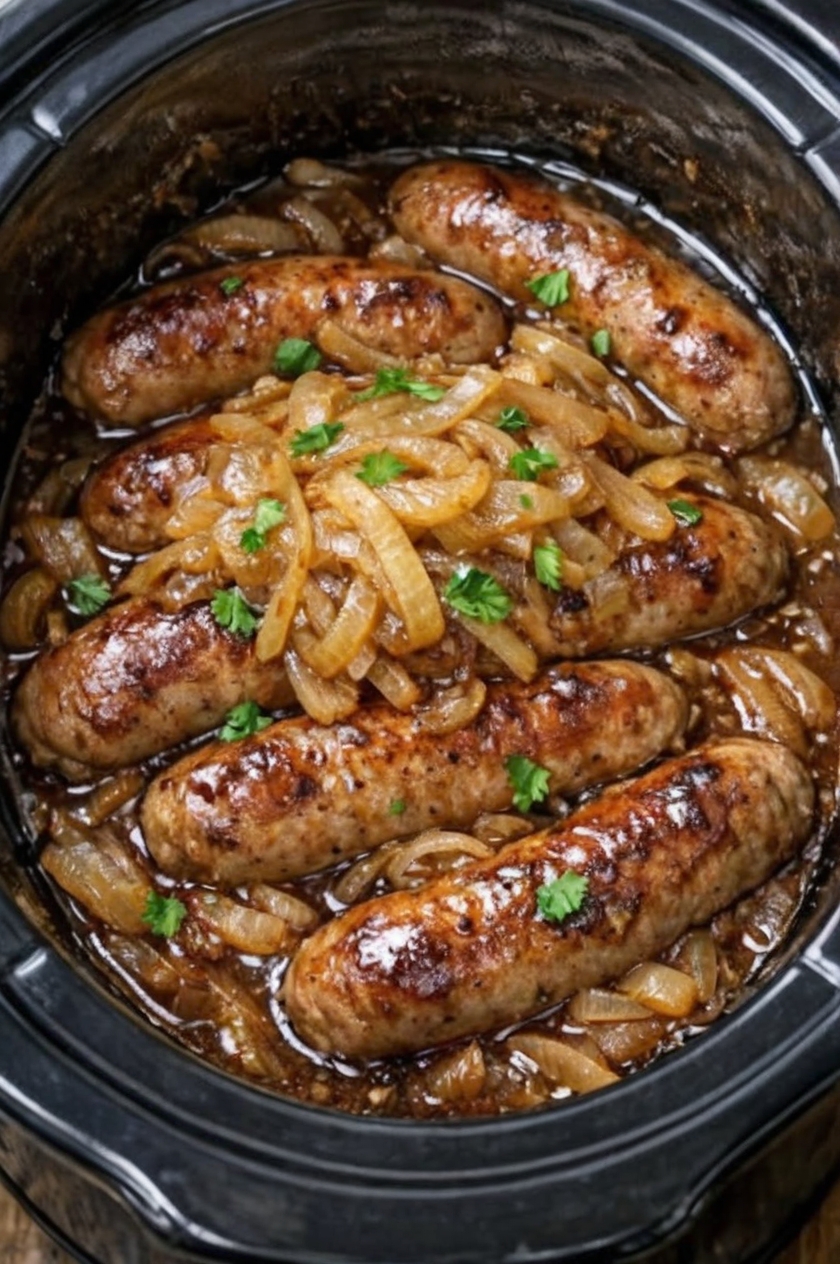 Irish-style comfort food: plump pork sausages slow-cooked over caramelized onions in rich beef stock and Worcestershire sauce. The onions melt into sweet, jammy silk and naturally thicken the gravy without flour. Set it in the morning, come home to incredible aromas. Perfect over mashed potatoes or with crusty bread.