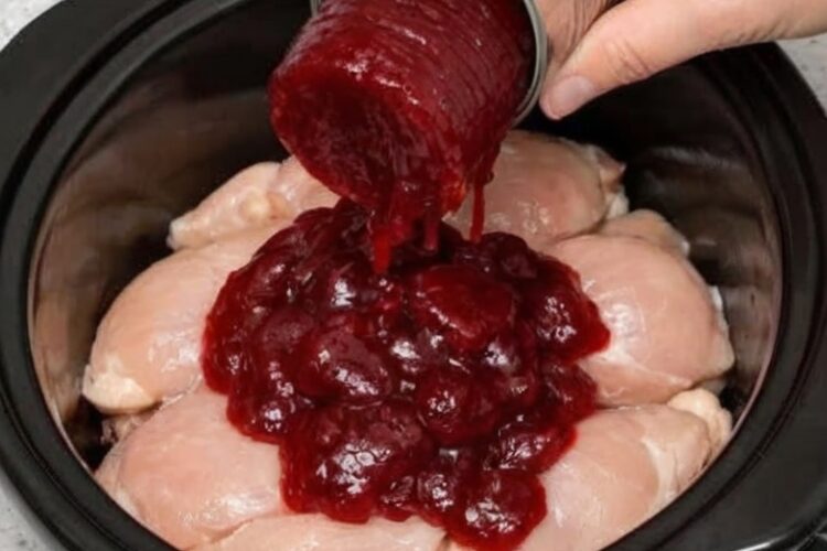 A sweet and savory slow cooker chicken dish made with cranberry sauce, creating a rich, glossy glaze perfect for easy dinners or holiday meals.