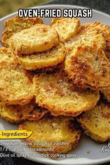 Crispy, golden squash rounds without deep-frying. Yellow squash or zucchini slices are dipped in buttermilk, coated in seasoned cornmeal and flour mixture, arranged on a baking sheet, sprayed with oil, and baked at high heat until crispy. Flipped halfway through for even browning. The cornmeal creates classic Southern-fried texture while baking keeps it lighter.