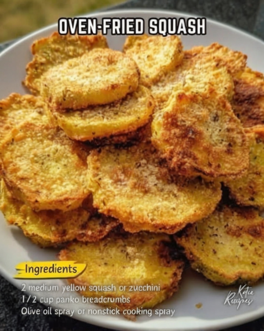 Crispy, golden squash rounds without deep-frying. Yellow squash or zucchini slices are dipped in buttermilk, coated in seasoned cornmeal and flour mixture, arranged on a baking sheet, sprayed with oil, and baked at high heat until crispy. Flipped halfway through for even browning. The cornmeal creates classic Southern-fried texture while baking keeps it lighter.