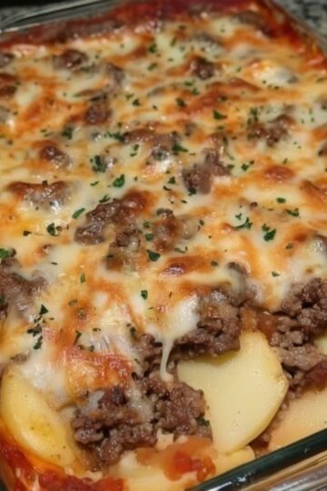 A rich, creamy, and cheesy layered casserole with tender potatoes and savory beef — the perfect easy family dinner for busy nights or cozy weekends.