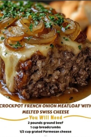 A tender, juicy meatloaf slow-cooked to perfection and topped with melted Swiss cheese — the ultimate easy comfort food dinner for family meals and busy days.