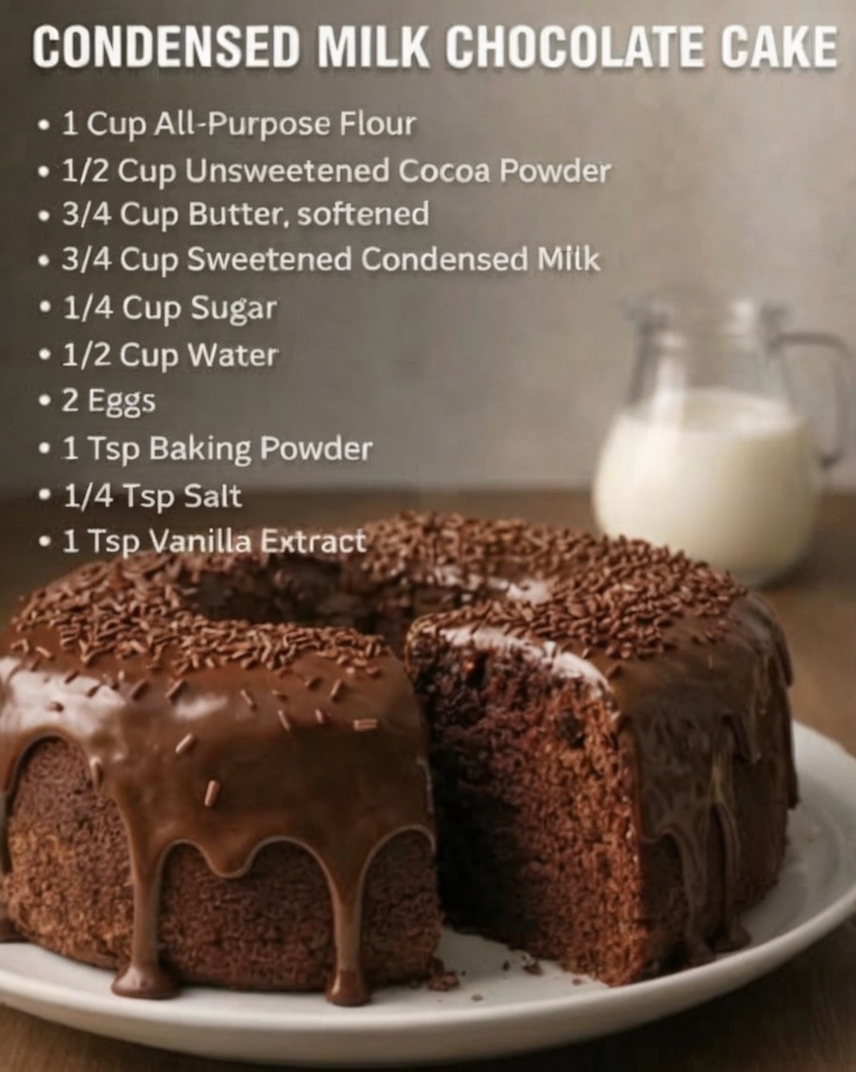 A soft, rich, and fudgy chocolate cake made with sweetened condensed milk — the perfect quick homemade dessert for any occasion.