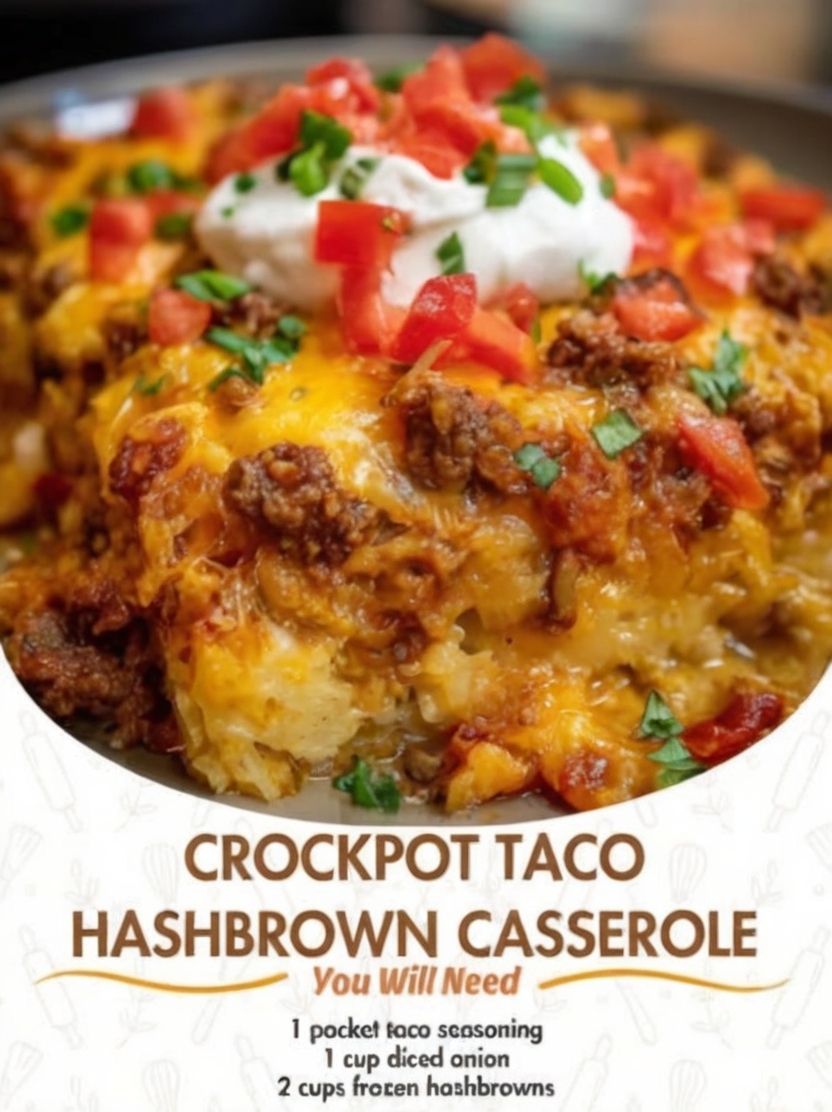A creamy, cheesy slow cooker casserole made with seasoned beef and tender hashbrowns, perfect for easy family dinners.