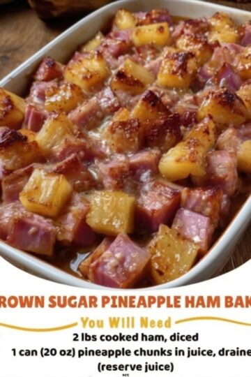 A sweet and savory baked dish with tender ham and juicy pineapple coated in a rich, caramelized glaze.
