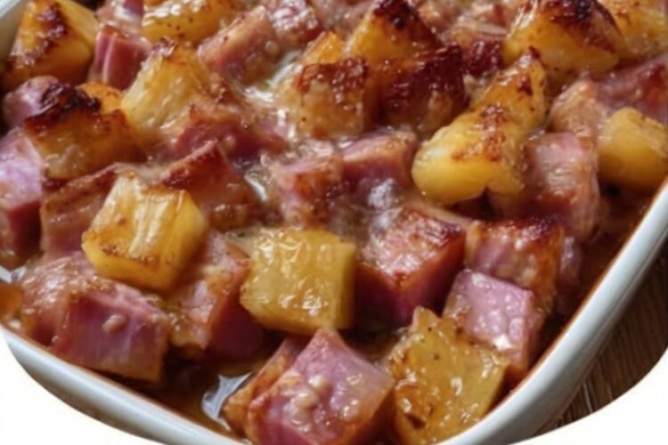 A sweet and savory baked dish with tender ham and juicy pineapple coated in a rich, caramelized glaze.