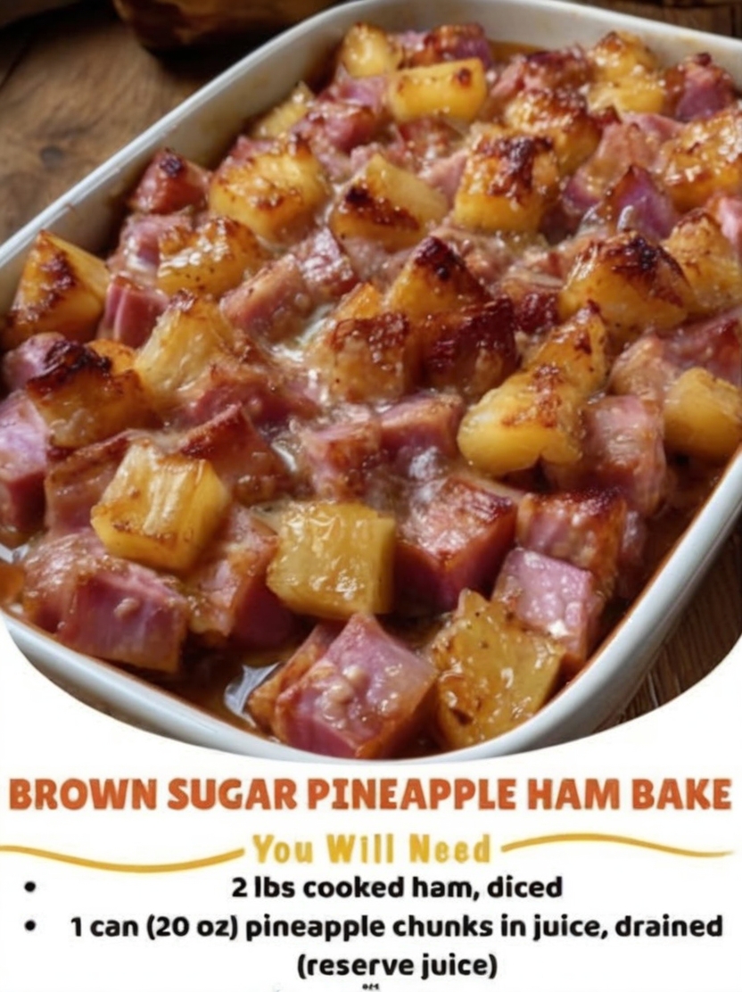 A sweet and savory baked dish with tender ham and juicy pineapple coated in a rich, caramelized glaze.