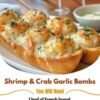 A crispy garlic bread filled with creamy seafood and melted cheese, perfect for a rich and satisfying appetizer or meal.