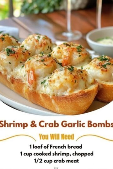 A crispy garlic bread filled with creamy seafood and melted cheese, perfect for a rich and satisfying appetizer or meal.
