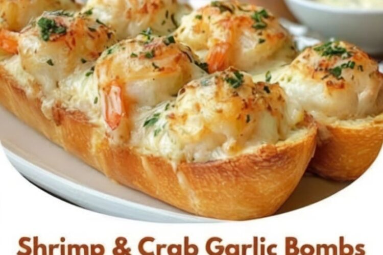 A crispy garlic bread filled with creamy seafood and melted cheese, perfect for a rich and satisfying appetizer or meal.