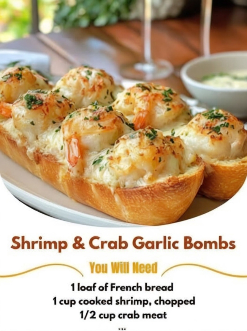 A crispy garlic bread filled with creamy seafood and melted cheese, perfect for a rich and satisfying appetizer or meal.