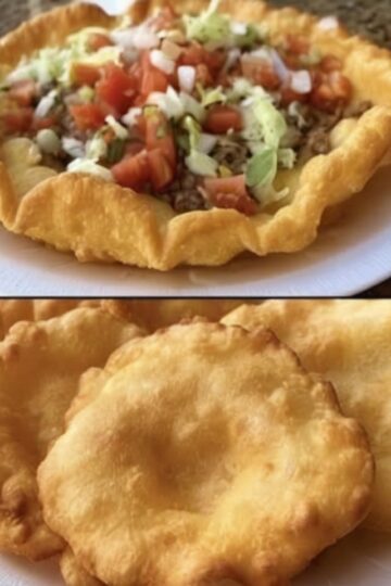 Crispy and fluffy fry bread topped with seasoned meat and fresh ingredients, perfect for a hearty and satisfying meal.