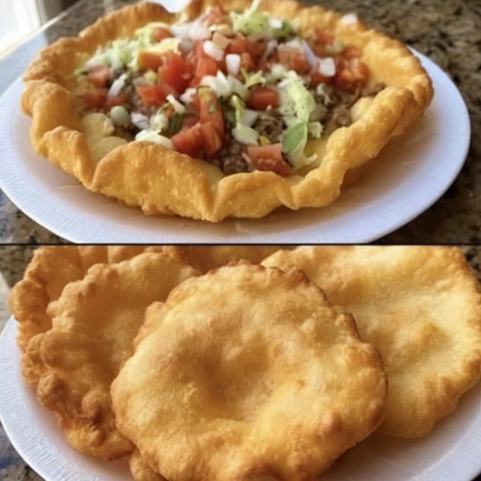 Crispy and fluffy fry bread topped with seasoned meat and fresh ingredients, perfect for a hearty and satisfying meal.