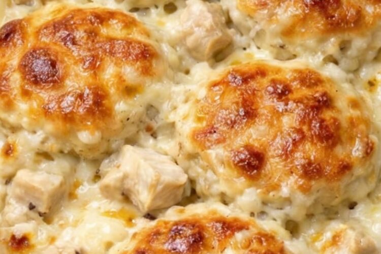 A creamy, cheesy baked casserole made with tender chicken, rich Alfredo sauce, and fluffy golden biscuits. Perfect for an easy and comforting family dinner.