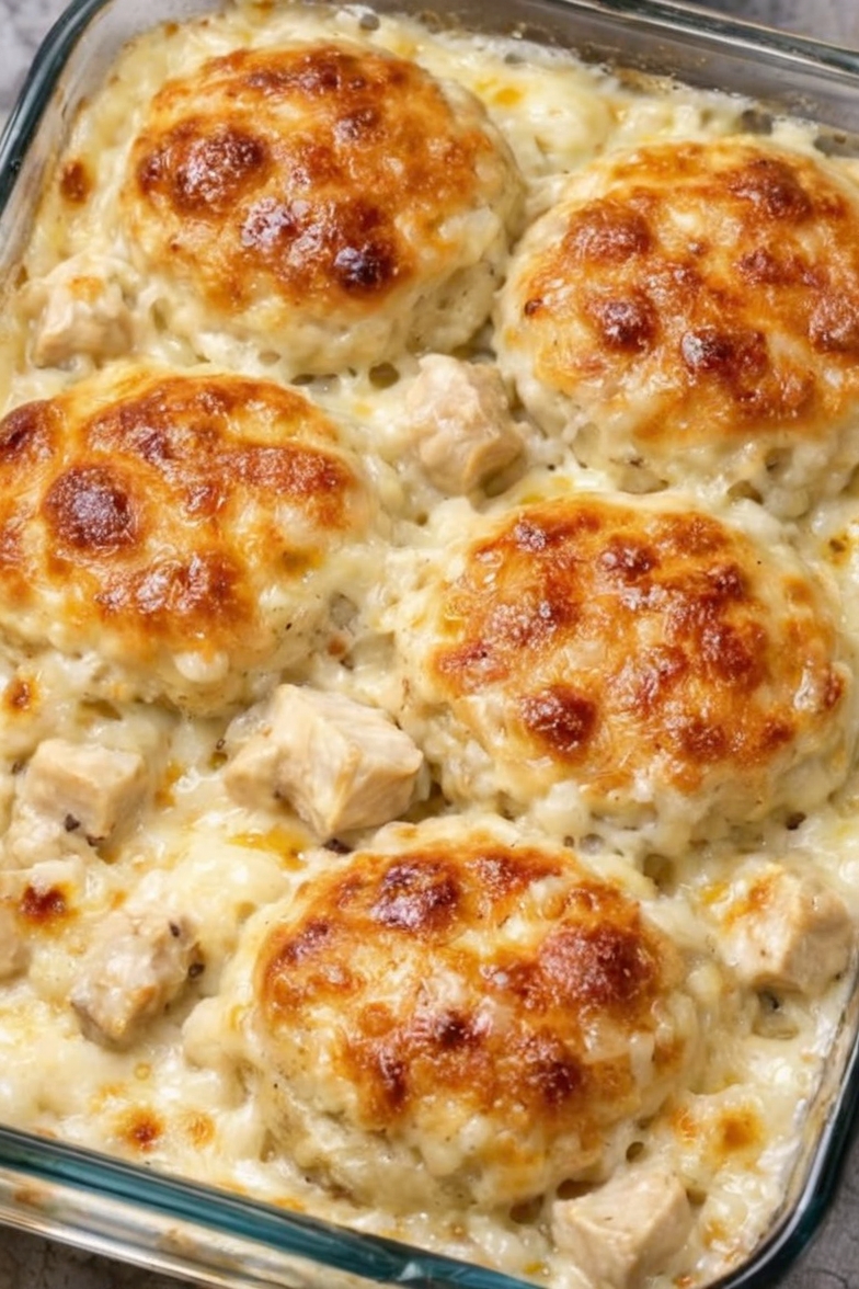 A creamy, cheesy baked casserole made with tender chicken, rich Alfredo sauce, and fluffy golden biscuits. Perfect for an easy and comforting family dinner.