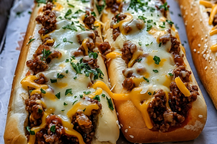 A cheesy garlic bread sloppy joe bake made with seasoned ground beef and melted mozzarella. The ultimate easy weeknight dinner and family-friendly comfort food recipe.