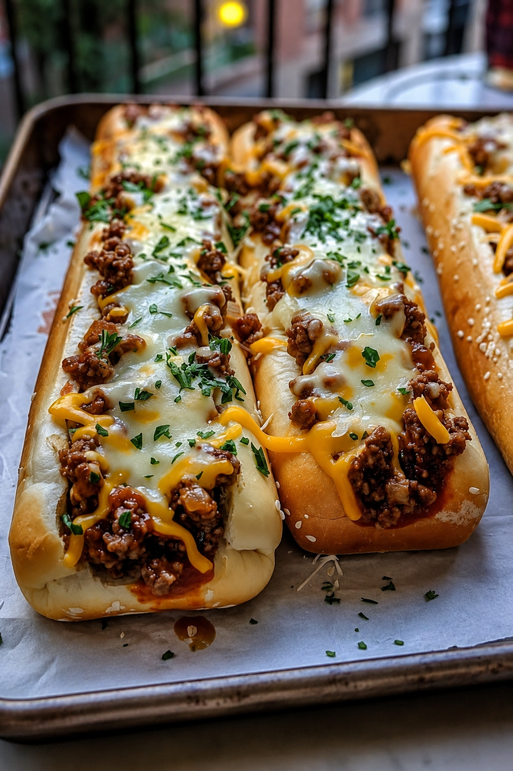 A cheesy garlic bread sloppy joe bake made with seasoned ground beef and melted mozzarella. The ultimate easy weeknight dinner and family-friendly comfort food recipe.