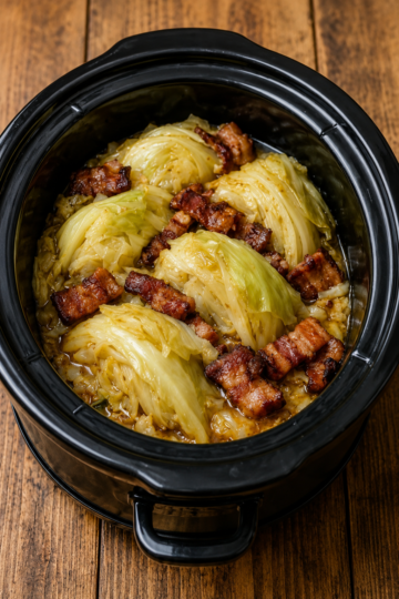 A savory Southern slow cooker cabbage recipe made with smoky bacon, onion, garlic, and apple cider vinegar. A comforting low-carb side dish perfect for family dinners and holiday meals.