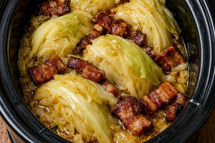 A savory Southern slow cooker cabbage recipe made with smoky bacon, onion, garlic, and apple cider vinegar. A comforting low-carb side dish perfect for family dinners and holiday meals.