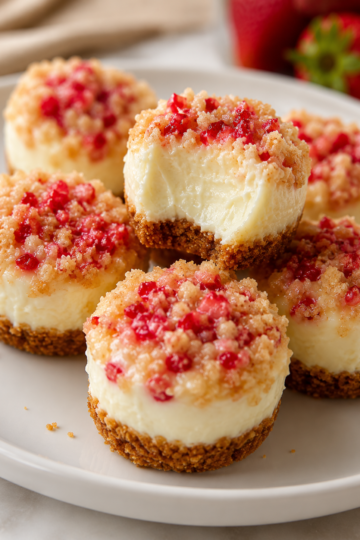 Mini no-bake cheesecake bites with buttery graham crust and strawberry crunch topping. Perfect bite-sized party dessert.