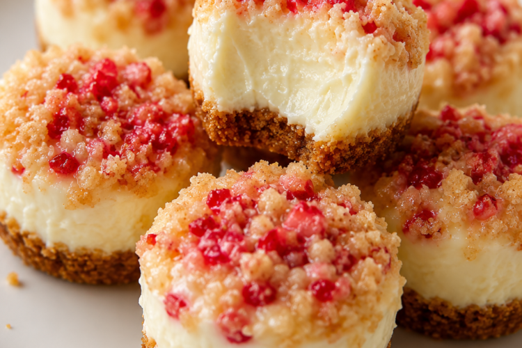 Mini no-bake cheesecake bites with buttery graham crust and strawberry crunch topping. Perfect bite-sized party dessert.